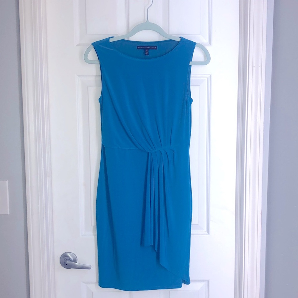 White House Black Market Draped Waist Sleeveless Ruched Sheath Dress in Blue